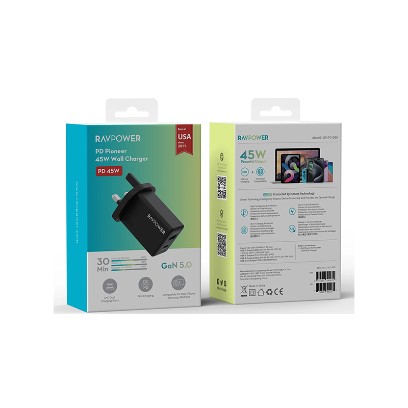 شاحن حائط راف باور بمنفذ USB-C ومنفذ USB-A وتقنيتي PD وGaN بقدرة 45 واط - أسود