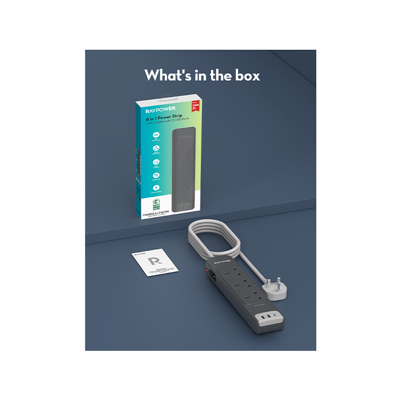 مشترك كهربائي متعدد المنافذ راف باور بمنفذ USB-C ومنفذي USB-A وتقنية PD30 و3 مقابس تيار متردد مع كابل بطول 3 أمتار