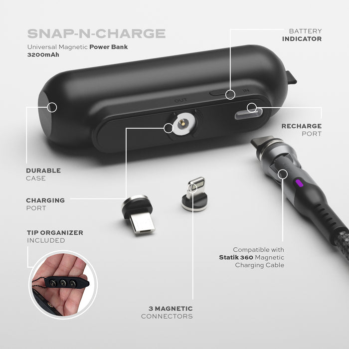 Statik Snap-N-Charge Magnetic Tips V3 Power Bank - 3200mAh / USB-C / Lightning / Micro USB / Black