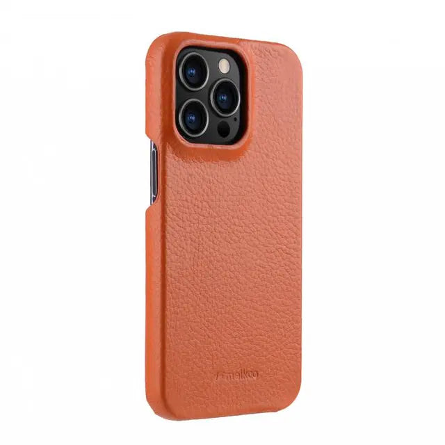 Melkco Back Snap Series Lai Chee Pattern Premium Leather Snap Cover Case - Apple iPhone 13 Pro / Orange Accessories >