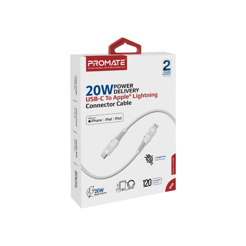 Promate PowerLine-Ci120 Connector Cable - 20W / USB-C / Lightning / White