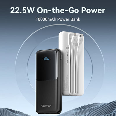 Vention Power Bank 10000mAh (Micro-USB + USB-C + USB-A + USB-A) with Built-in USB-C and Lightning Cables 22.5W - Black