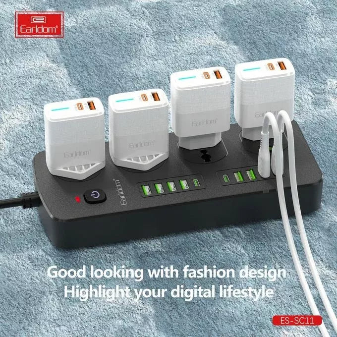 Earldom SC11 Fast Charging Power Strip - 3000W / USB-C / USB-A / 2 Meter / Black