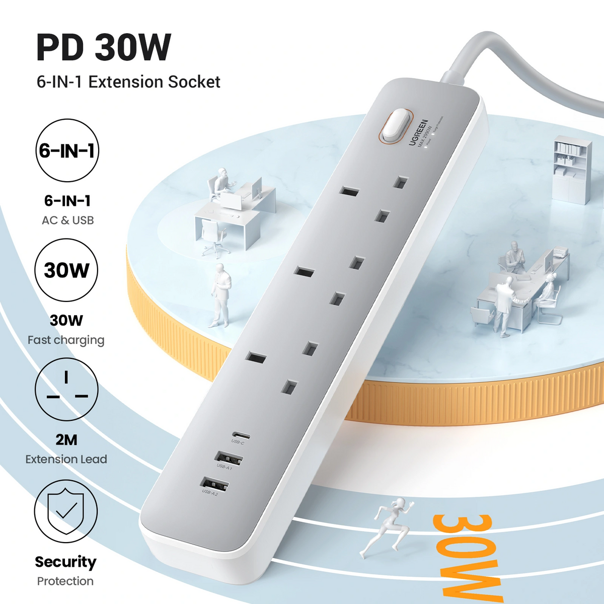 UGREEN 3-Outlet Surge Protector Master Switch Extension - 30W / USB-C / USB / White
