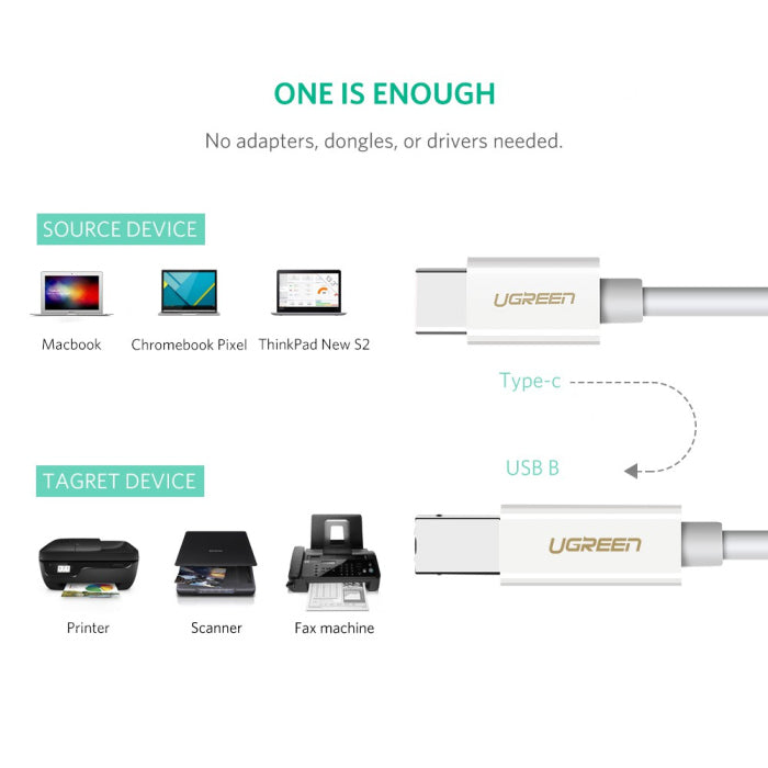 UGREEN USB-C to USB-B Printer Cable - 2 Meter / Black