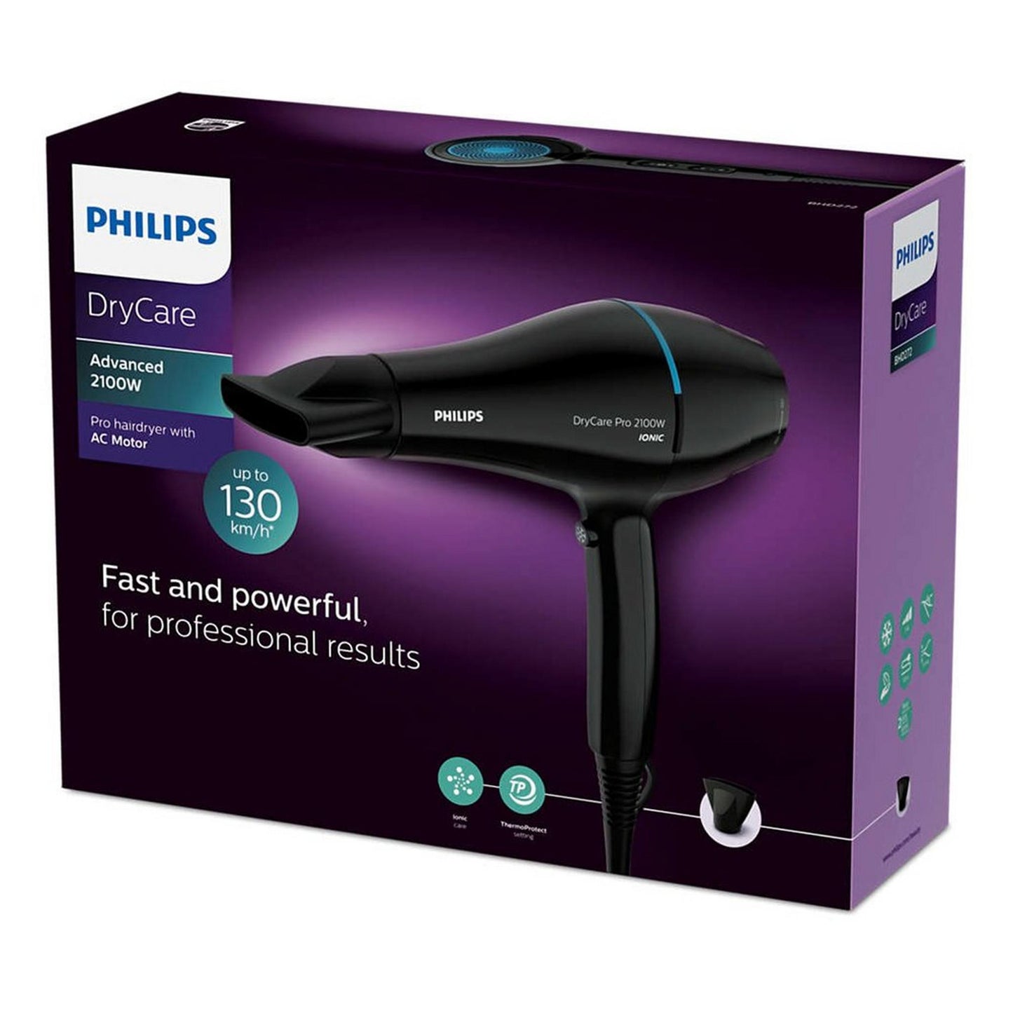 Philips Pro Hair Dryer Fast and Powerful Drying for Professional Results with Heat-Protection and Ionic Care, 2100W, 6 Heat Settings, BHD272/03 - Black