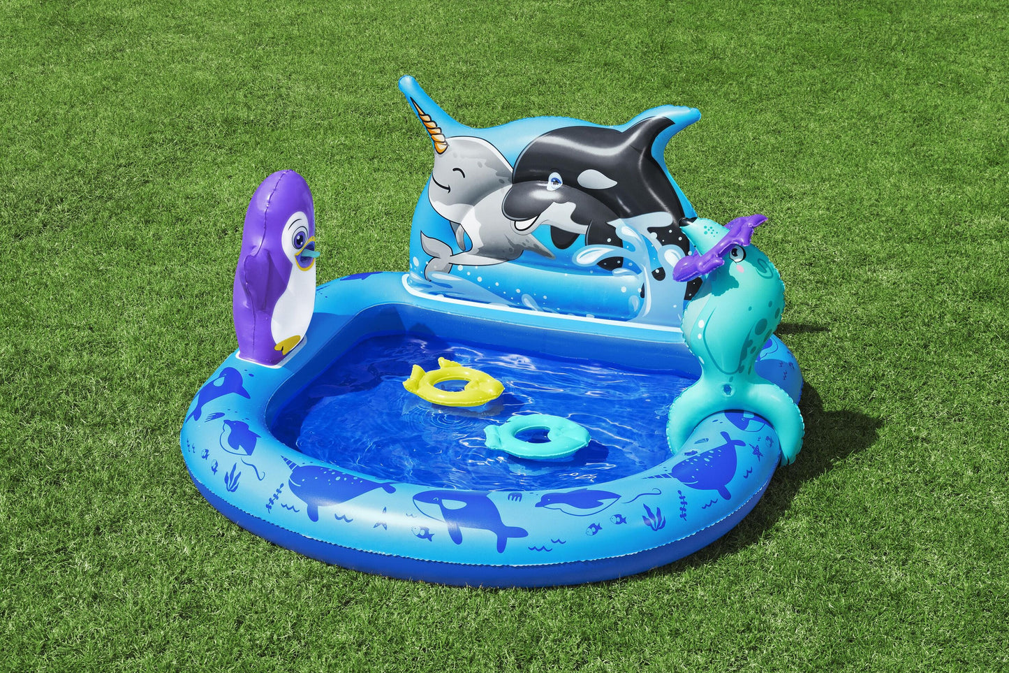 Bestway 1.34m x 1.31m x 73cm polar pals play center (1 play center, 3 fish rings, 2 eva fish, repair patch,1 inflatable seal.) age 2+