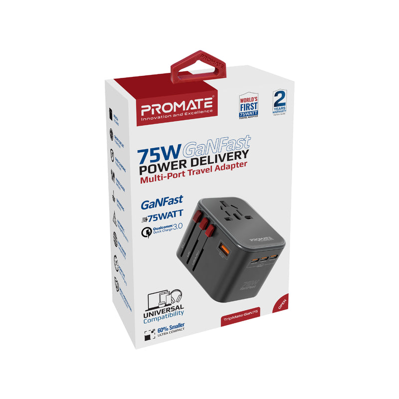 Promate Universal GaN Travel Adapter - 75W / USB-C / USB-A / Black