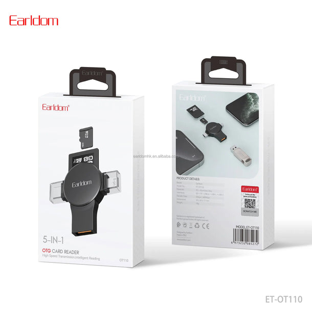 Earldom OT110 5-n-1 Card Reader - SD Card / Micro SD / Type-C / Lighting / USB-A/ Black