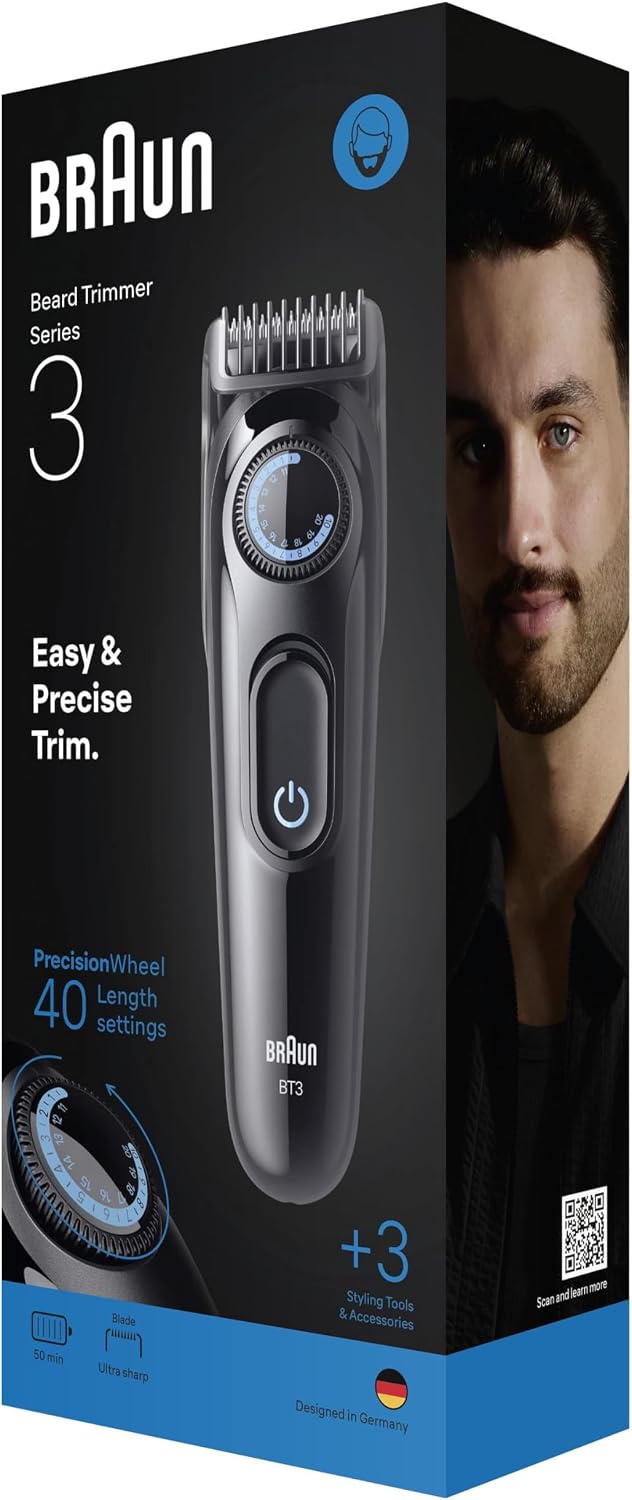 Braun Series 3 Beard Trimmer, +3 Styling Devices, Extremely Sharp Blade, 50 Minutes Running Time, 40 Length Settings, Bt3520, Black/Blue