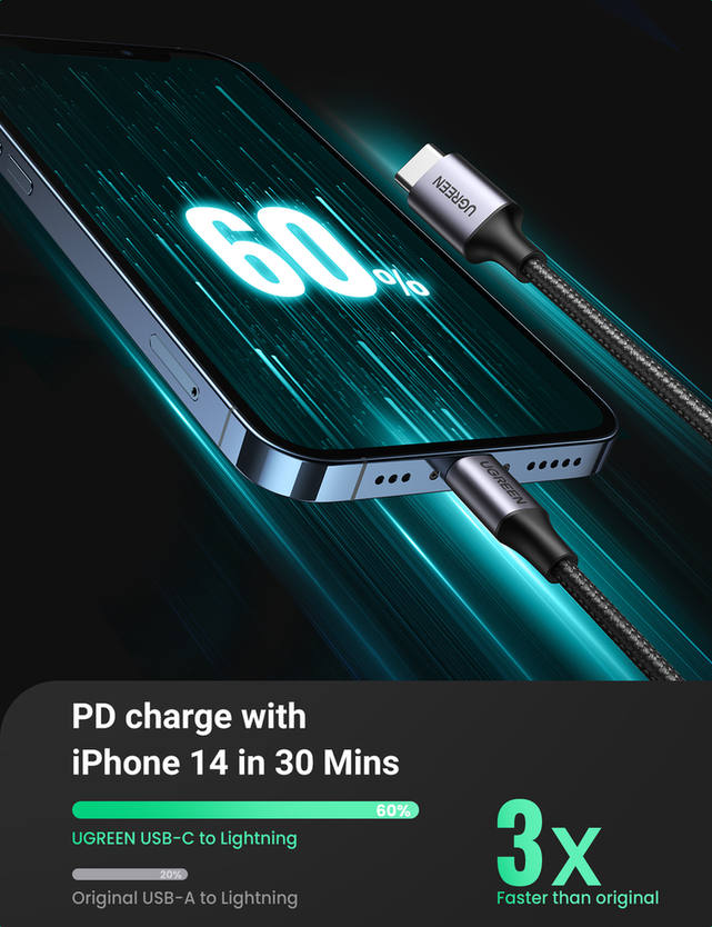 UGREEN USB-C to Lightning M/M Cable - 2 Meter / 20W / Black