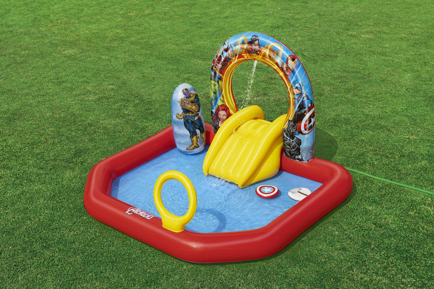Bestway 2.11m x 1.98m x 1.25m avengers assemble play center (1 pool, 2 inflatable disks, 1 bop bag, repair patch.) age 2+