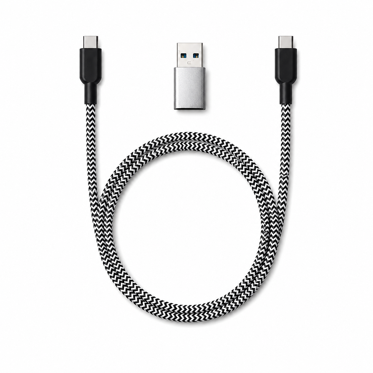 كابل USB-C إنرجكس Q8 مع محول USB-A، بقدرة 60 واط، USB-C، USB-A، بطول 1 متر، باللون الأسود/الأبيض