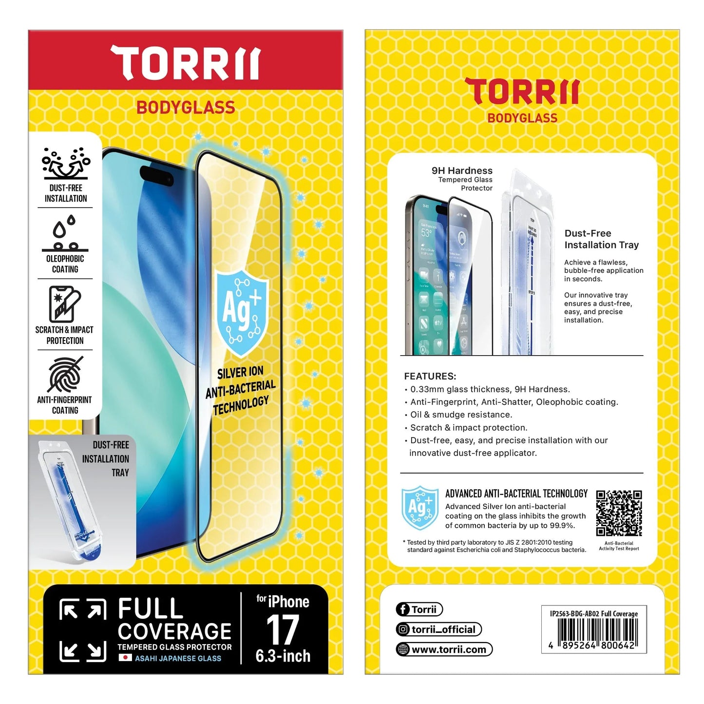 Torrii BODYGLASS for iPhone 17 (6.3”) Anti-bacterial – Full Coverage
