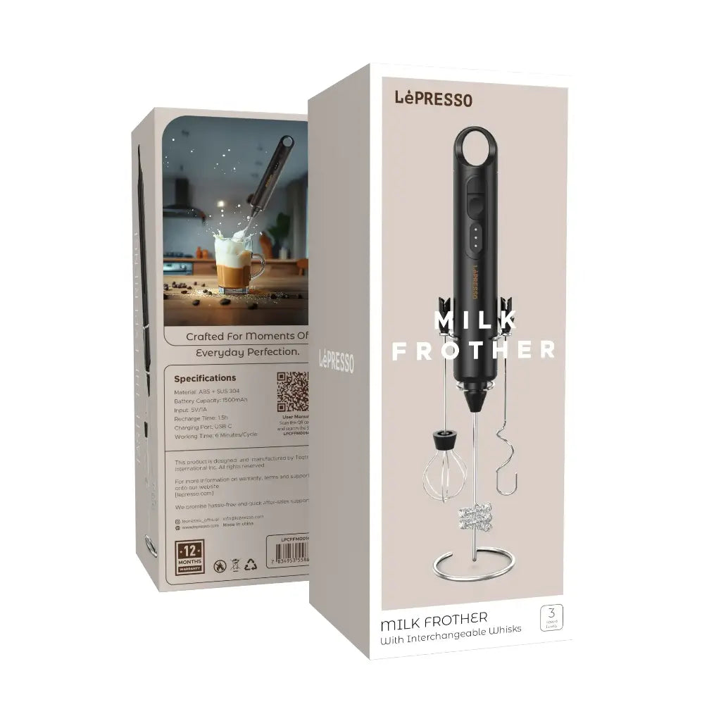 LePresso Forthmate Milk Frother With Interchangeable Whisks - Black Color
