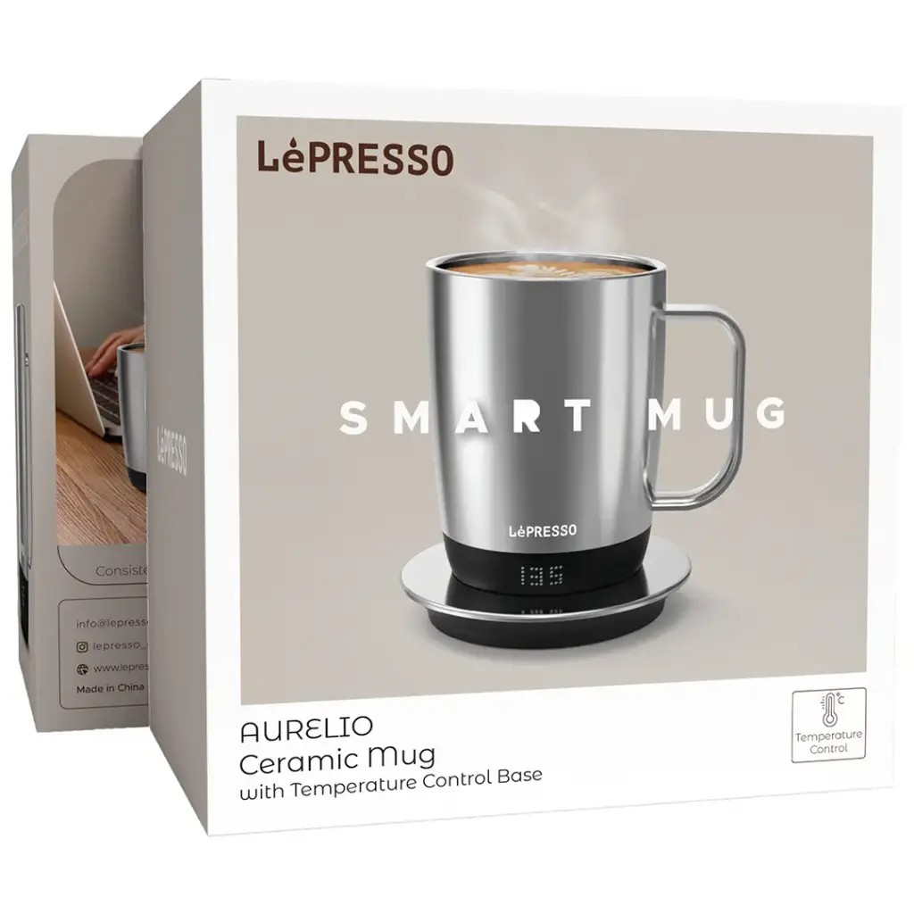Lepresso Aurelio Ceramic Mug with Temperature Control Base - Silver Color