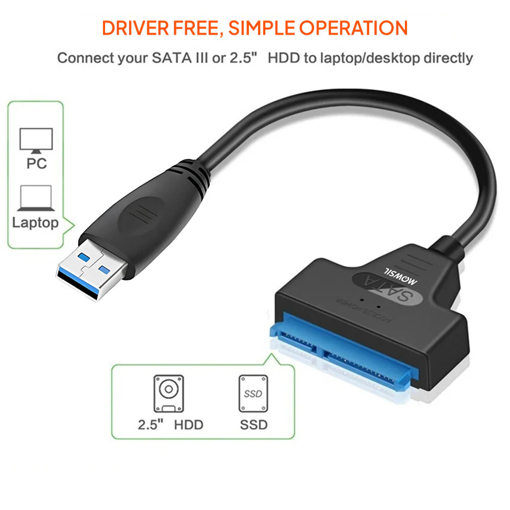Mowsil USB 3.0 to SATA Adapter - USB-A / SATA / 5Gbps / 0.8 Meter / Black