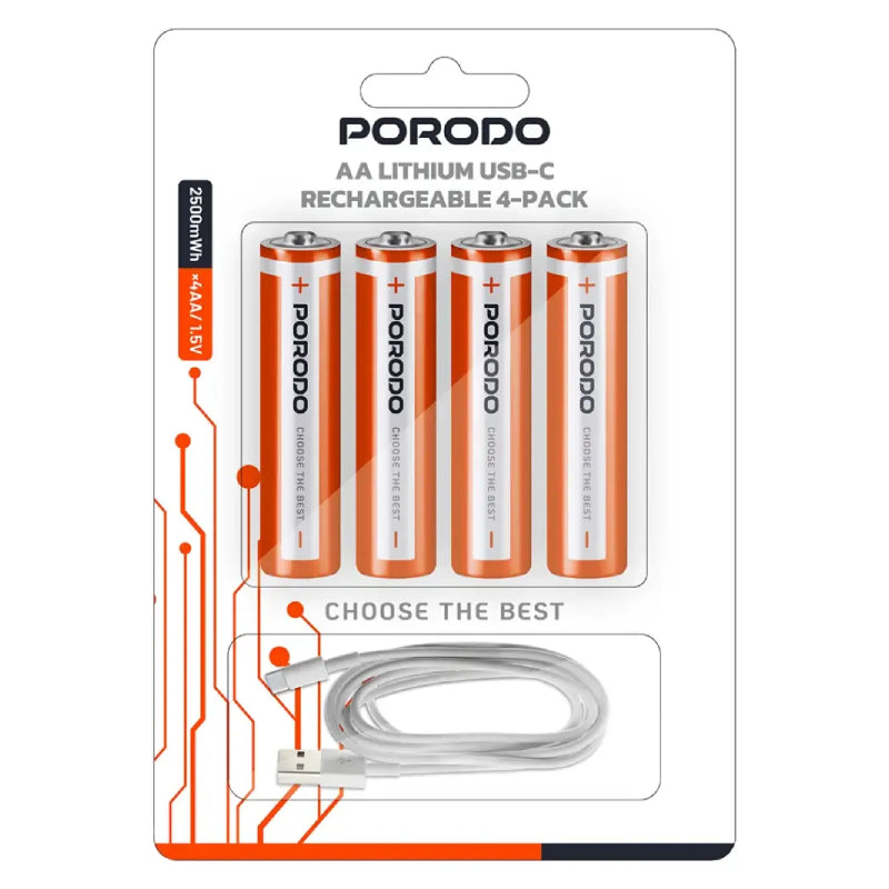 Porodo AA Lithium USB-C Rechargeable Battery - 2500mWh / White/Orange / Pack Of 4