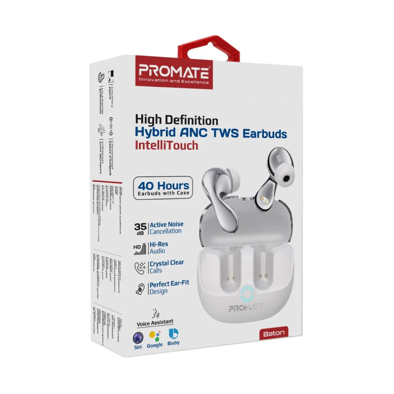 PROMATE Baton Hybrid ANC TWS Earbuds - Bluetooth / 500mAh / White