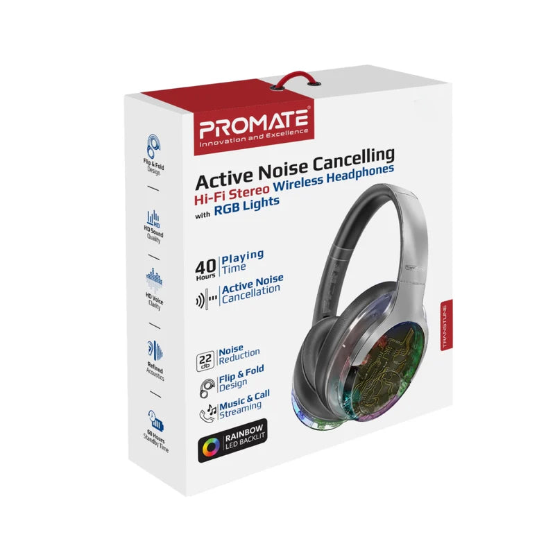 PROMATE TransTune Wireless Active Noise Cancelling Headphones - 600mAh / Silver