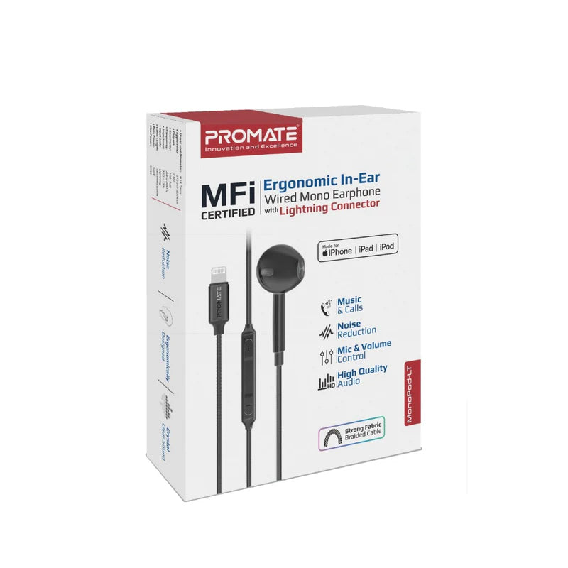 PROMATE MonoPod-LT In-Ear Wired Mono Earphone - Lightning / Black