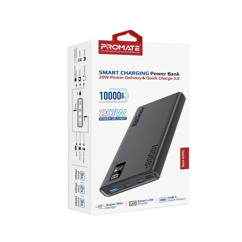 PROMATE Bolt-10PD Compact Smart Charging Power Bank - 20W / USB-C / USB-A / Black