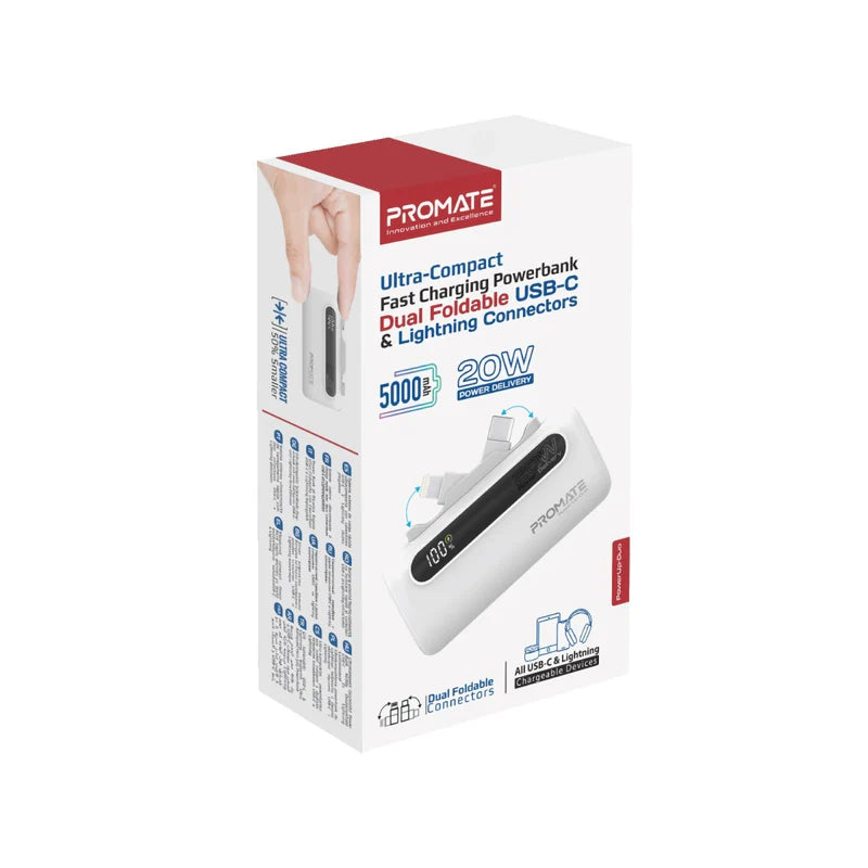 PROMATE PowerUp-Duo Ultra-Compact Fast Charging Power Bank - 20W / USB-C / Lightning / White