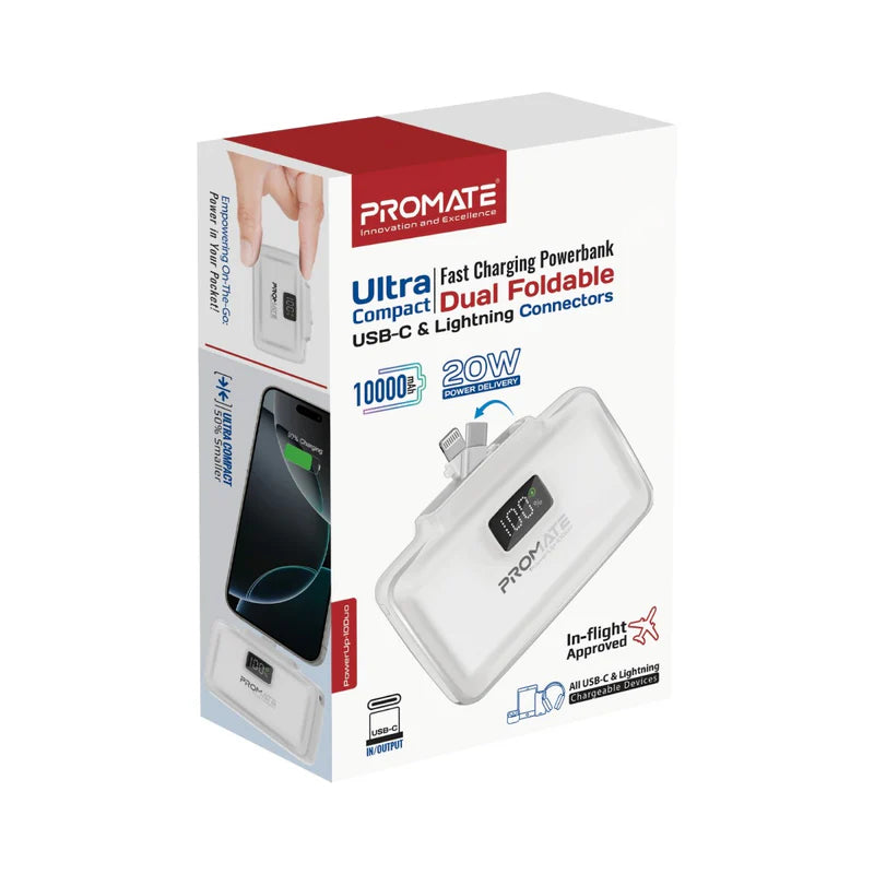 PROMATE PowerUp-10Duo Ultra-Compact Fast Charging Power Bank - 20W / USB-C / Lightning / White