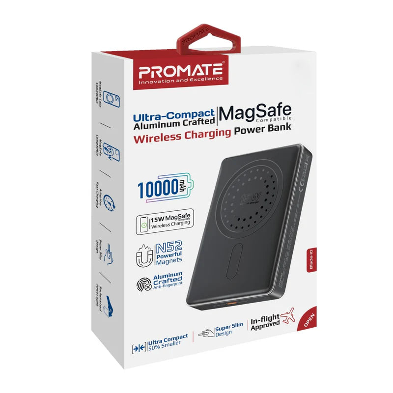 PROMATE Blade-10 Ultra-Compact MagSafe Compatible Wireless Charging Power Bank - USB-C / Black