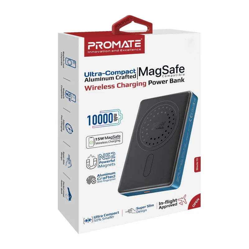 PROMATE Blade-10 Ultra-Compact MagSafe Compatible Wireless Charging Power Bank - USB-C / Blue