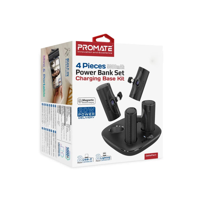 PROMATE DeltaPack Ultra-Compact Fast Charging Power Bank - 5000mAh / USB-C / Lightning / Black - Pack Of 4