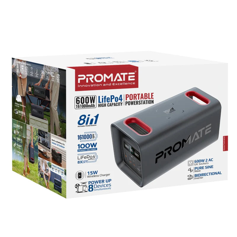 PROMATE PowerTank-600 Portable Power Station - 515.2Wh / 600W / 161000mAh / USB-A / USB-C