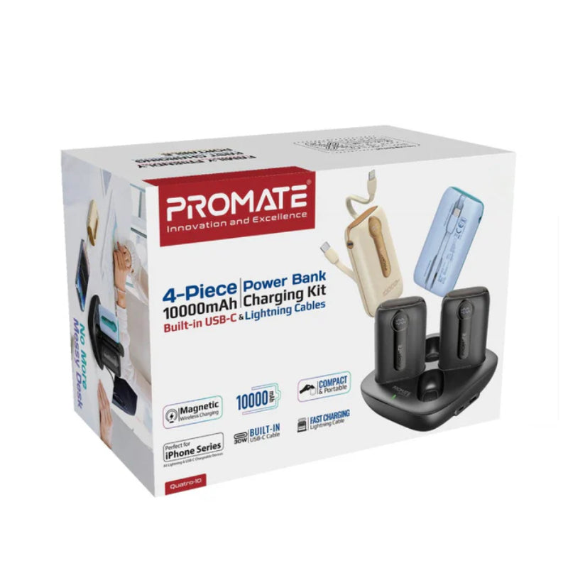 PROMATE Quatro-10 Power Bank with In-Built USB-C and Lightning Cables - 10000mAh - Pack Of 4