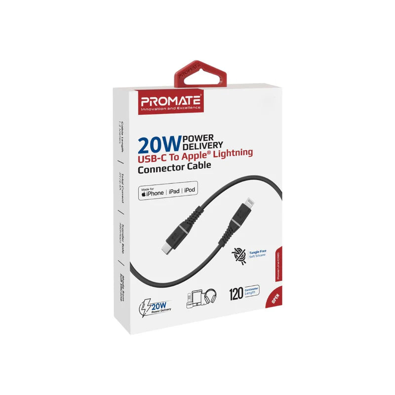 PROMATE PowerLine-Ci120 Connector Cable - 1.2 Meter / 480Mbps / 20W /USB-C / Lightning / Black
