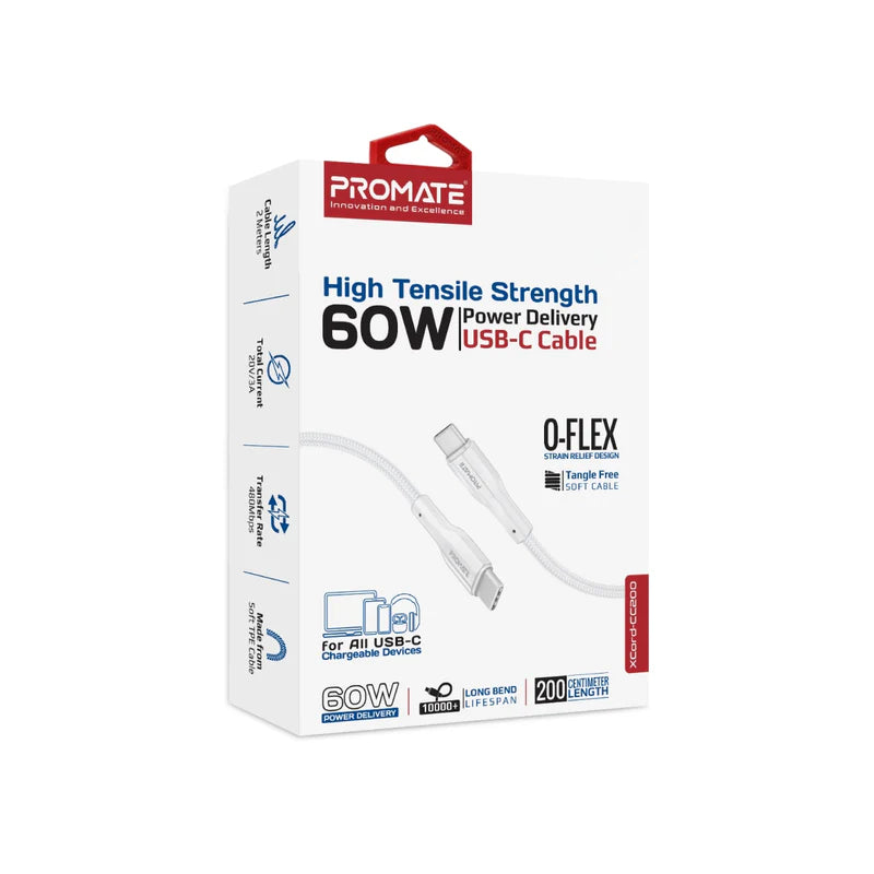 PROMATE XCord-CC200 High Tensile Strength Data & Charge Cable - 2 Meter / 480Mbps / USB-C / White