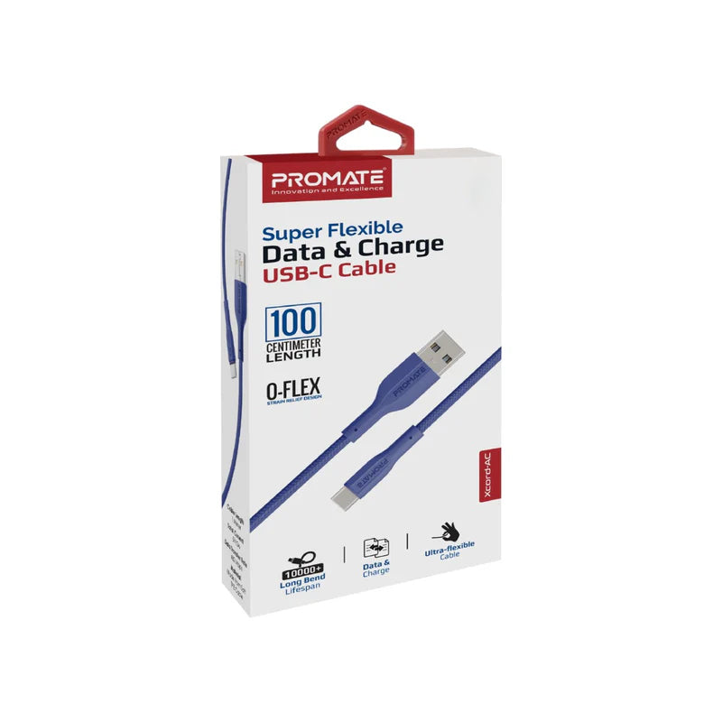 PROMATE XCord-AC Super Flexible Data and Charge Cable - 1 Meter / 480Mbps / USB-A / USB-C / Navy