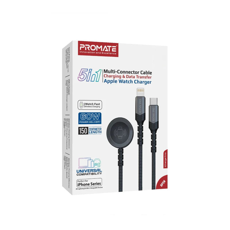 PROMATE iCharge-Trio 5-in-1 Multi-Connector Cable - 1.5 Meter / 480Mbps / USB-C / Lightning / Black