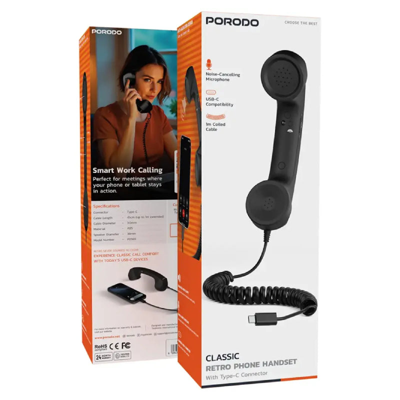 Porodo Classic Retro Phone Handset with Type-C Connector - Black