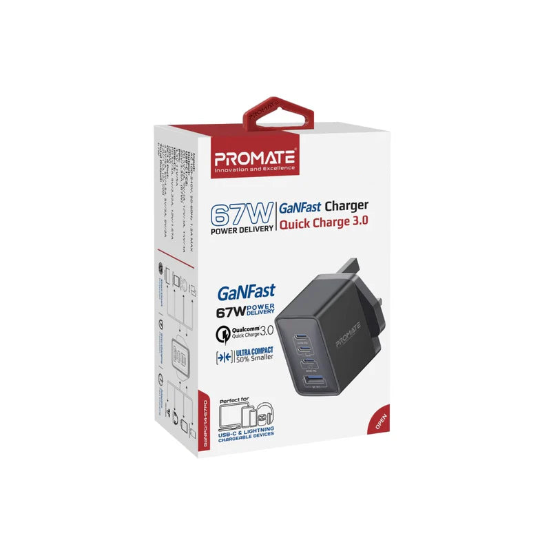 PROMATE GaNPort4-67PD Power Delivery GaNFast Charger - 67W / USB-C / USB-A / Black