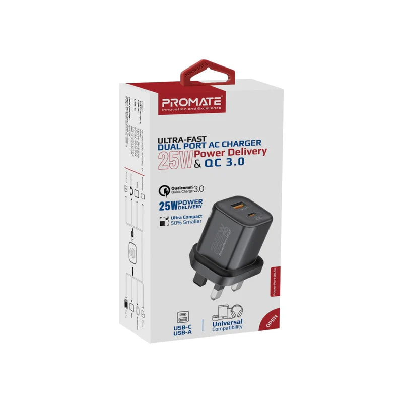 PROMATE PowerUp-Trio Ultra-Compact Fast Charging Power Bank - 20W / USB-C / Lightning / Black + PROMATE PowerPort-25AC Power Delivery Ultra-Fast Dual Port AC Charger - 25W / USB-C / USB-A / Black - Bundle Offer