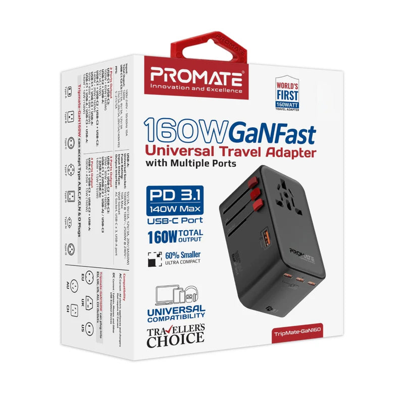 PROMATE TripMate-GaN160 GaNFast Universal Travel Adapter - 160W / USB-C / USB-A / Black