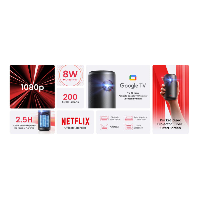 Anker Nebula Capsule 3 Smart Projector - 200 ANSI Lumens / HDMI/USB-A/USB-C/Audio / Black/Grey