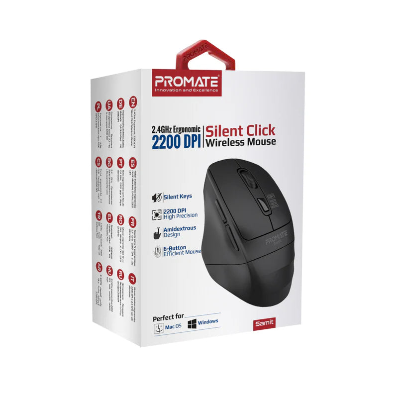 PROMATE Samit Ergonomic Silent Click Wireless Mouse - 2200dpi / Black