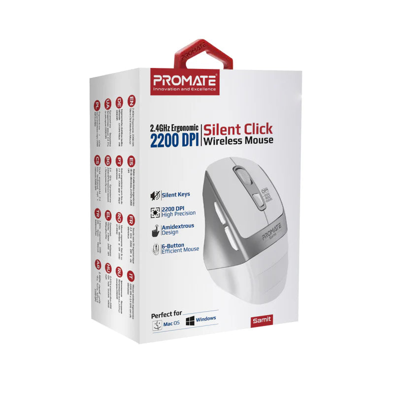 PROMATE Samit Ergonomic Silent Click Wireless Mouse - 2200dpi / White