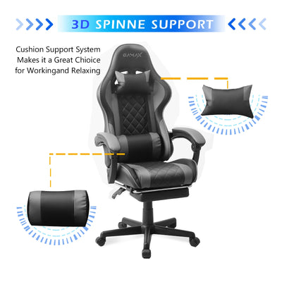 Gamax Gaming Chair 1-LT001L with Linkage Function Armrest And Retactable Footrest - Grey