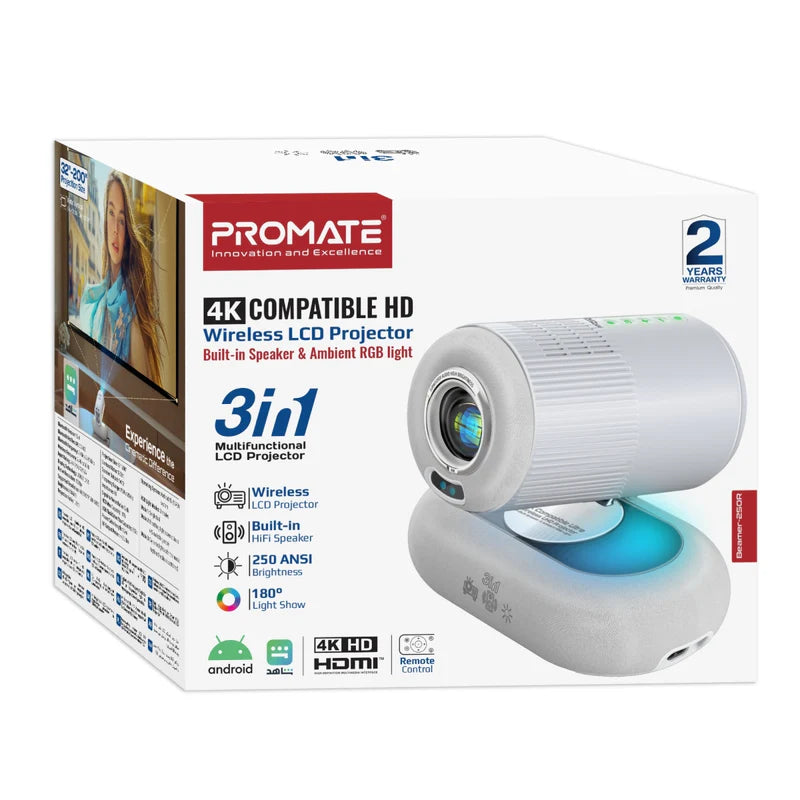 PROMATE 4K Compatible HD Wireless LCD Projector with Built-In Speaker & Ambient RGB light