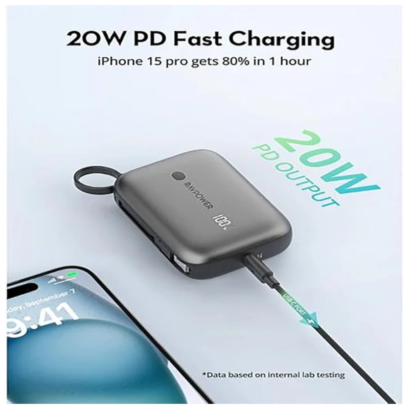 RAVPower 3-Port Power Bank - 10000mAh / 20W / USB-A / USB-C / Black