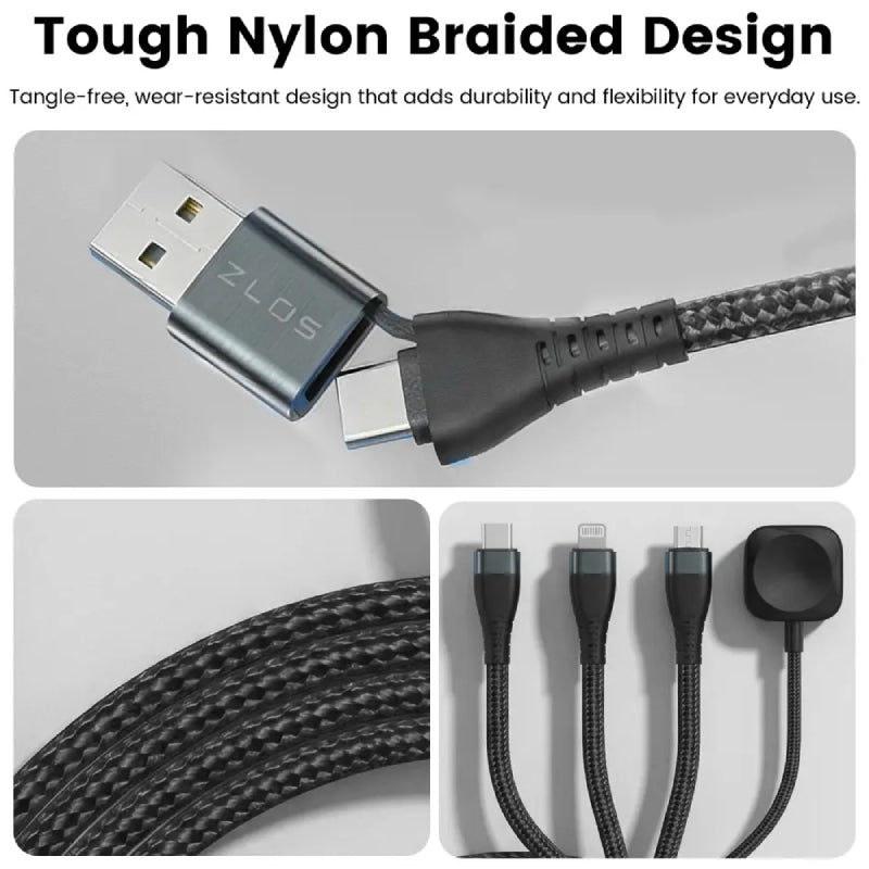 ZLOS Braided Data Charging Cable - 100W / USB-C / Lightning / Micro-USB / Magnetic Watch Charger / Black