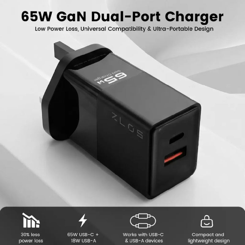 ZLOS Ontekka 2-Port Gan Fast Charger - 65W / USB-C / USB-A / Black