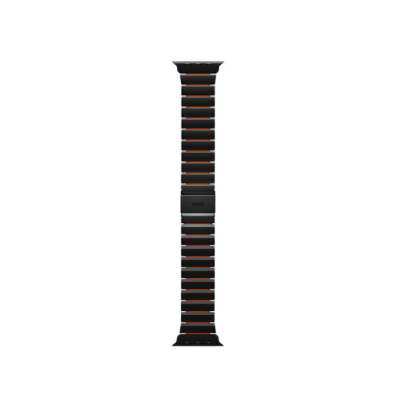 Uniq Strova Flex Self-Adjustable Steel Link Band for Apple Watch 49/46/45/44mm - Midnight Black/Volt Orange